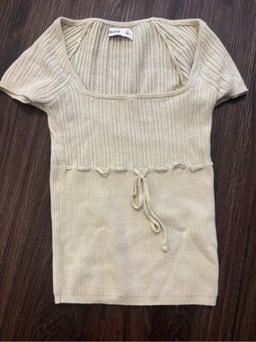 Hollister Cream Ribbed Short-Sleeve Knit Top with Drawstring